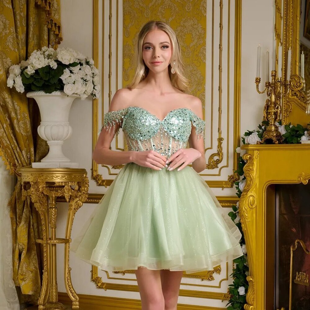 New Fit & Flare Off Shoulder Sequins Embellished Mini Cocktail Dress GL GS3634